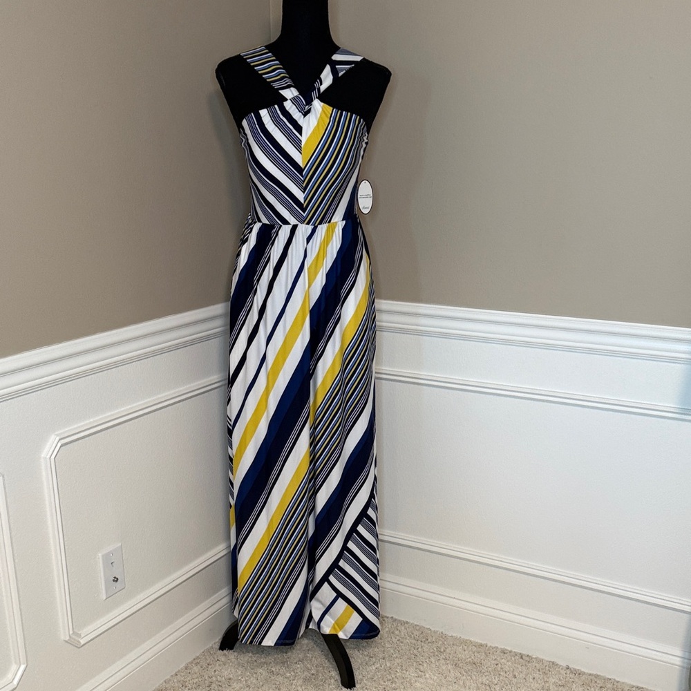 NWT Soma Striped Halter Knot Maxi Dress - Navy, Yellow, White, Size Medium